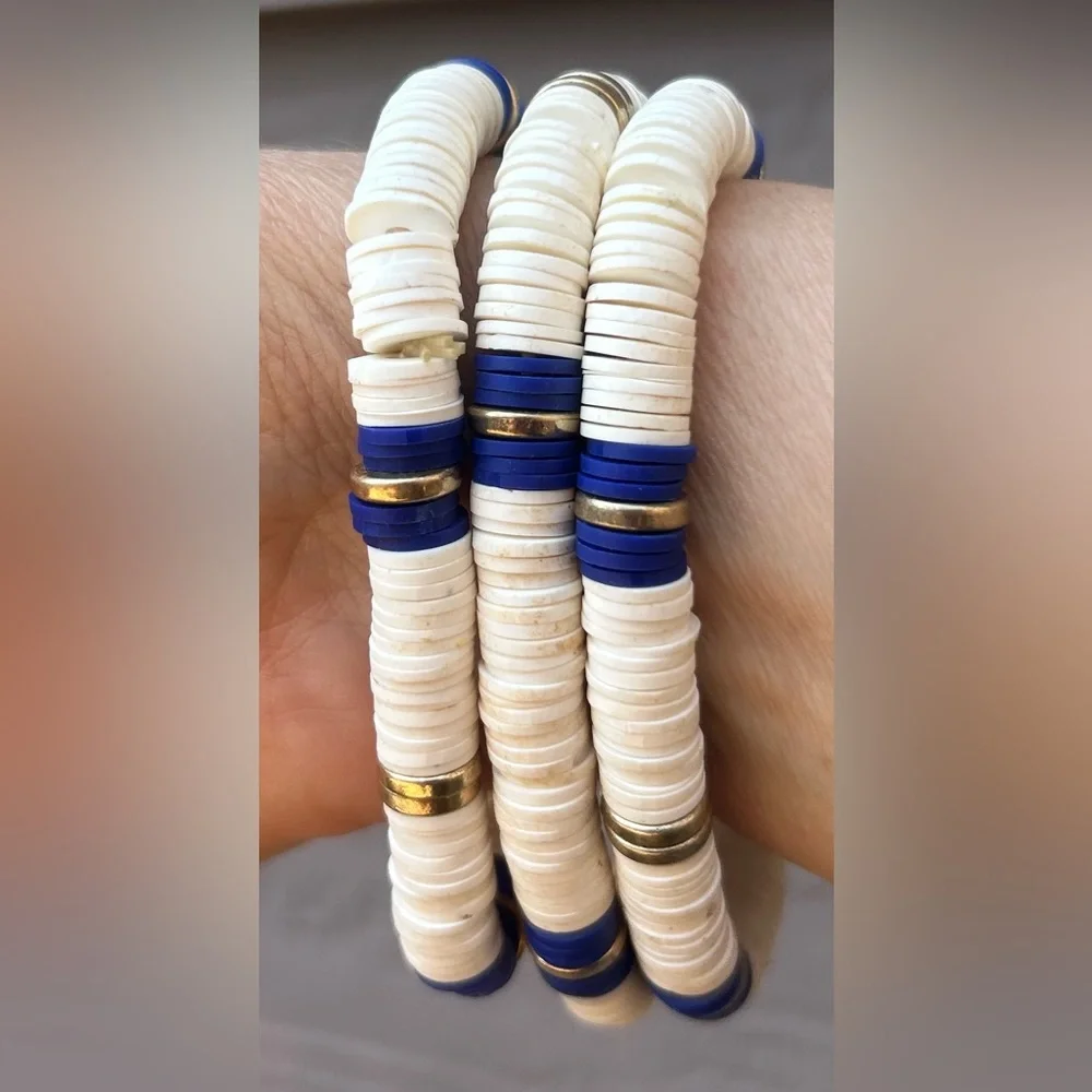 NWOT Set of 3 Canvas White and Blue Stackable Beaded Bracelets with Gold Accents